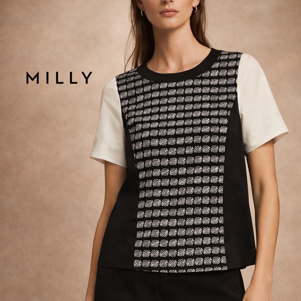 Milly Textured Colorblock Short Sleeve Top Black White Made USA Size P